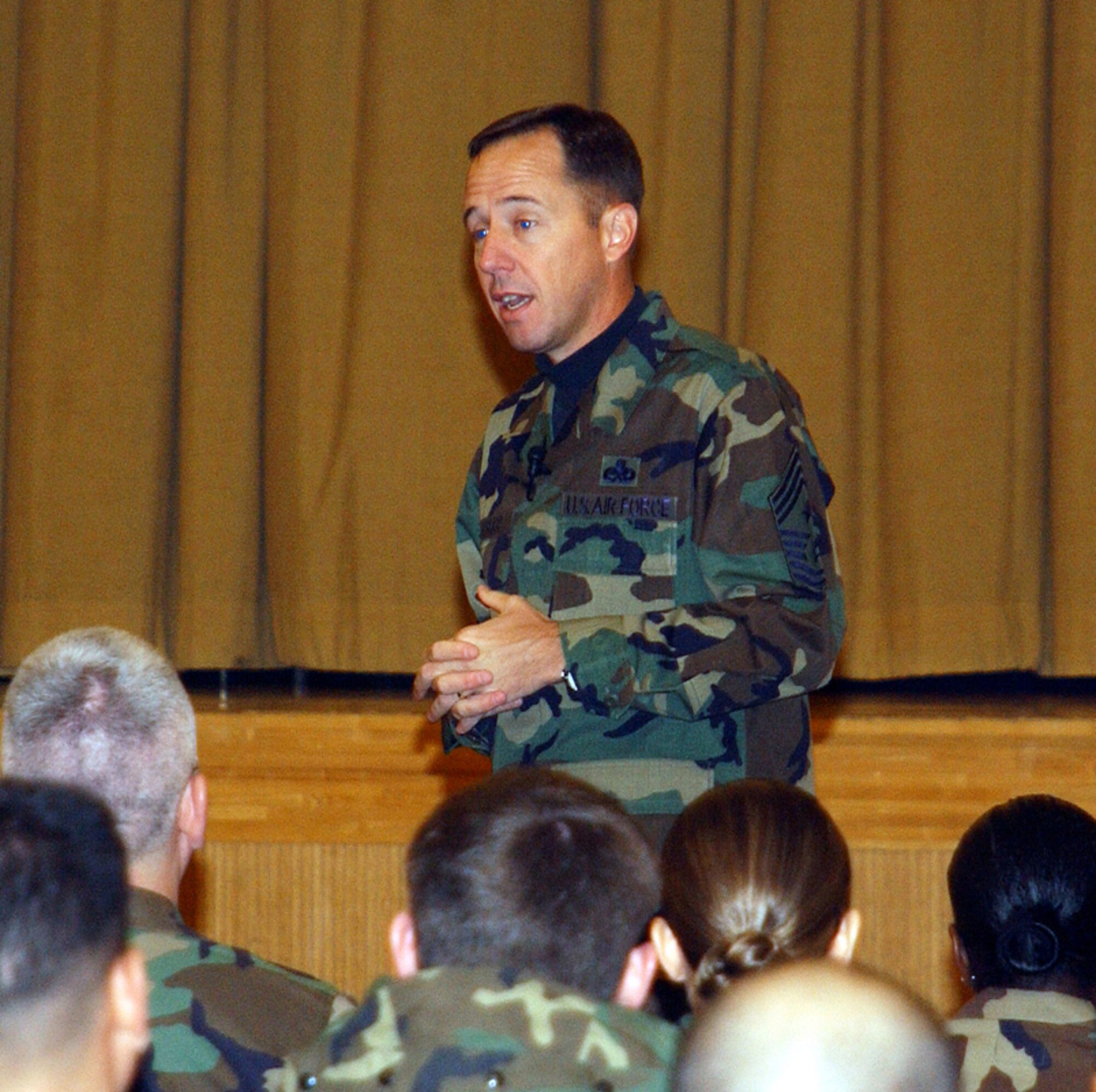 MISAWA AIR BASE, Japan -- The Pacific Air Forces highest enlisted Airman, Chief Master Sgt. Anthony Bishop, PACAF command chief master sergeant, held two enlisted calls Monday here with two objectives – let Airmen know what the Air Force’s priorities are and encourage them to tell the Air Force story.  (Air Force photo courtesy 35th Fighter WIng Public Affairs)