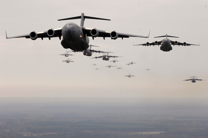 Twenty U.S. Air Force C-17 Globemaster IIIs fly over Charleston, S.C., Dec. 21, 2006.  The C-17s, assigned to the 437th and 315th Airlift Wings at Charleston Air Force Base, S.C., were part of the largest formation in history from a single base and demonstrated the strategic airdrop capability of the U.S. Air Force. (U.S. Air Force photo by Senior Airman Richard W. Rose Jr.)