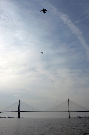 A formation of 20 C-17 Globemaster IIIs assigned to the 437th and 315th Airlift Wings at Charleston Air Force Base, S.C., fly in formation above the Arthur Ravenel Jr. Bridge, in Charleston, SC.  The flight, which demonstrated the U.S. Air Force's strategic capibility, is the largest formation of C-17s to take flight from a single base. (U.S. Air Force photo by Tech. Sgt. Richard T. Kaminsky)