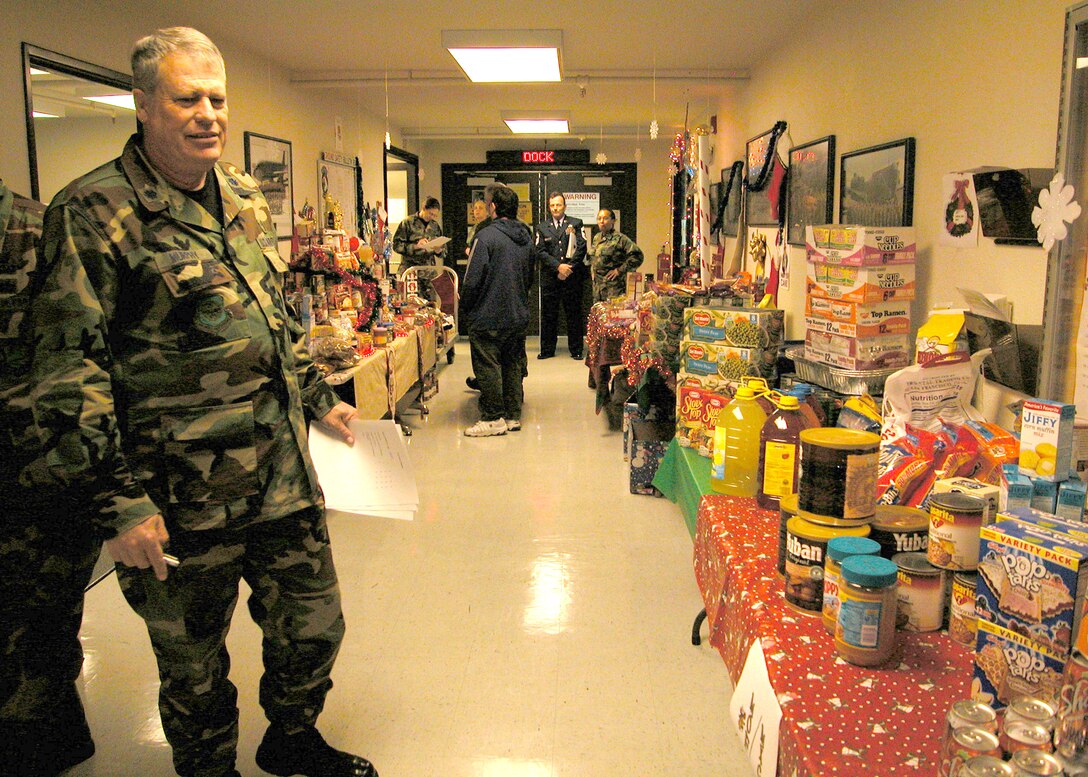 Air Force Reservist Lt. Col. Michael Murphy, 940th Air Refueling Wing chaplain, judges the best display for the wing's annual holiday food drive Dec. 2, 2006. Units have the opportunity to win a trophy and bragging rights for the best display. The 940th Maintenance Operations Flight has won the event for the past three years running. The event is sponsored by the 940th Booster Club to help wing family members and various local charitable organizations during the holiday season. (U.S. Air Force photo/Staff Sgt. Luke D. Johnson)