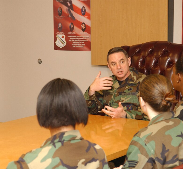 EIELSON AIR FORCE BASE, Alaska -- 11th Air Force Command Chief Master Sgt. David Andrews meets with Airman at the 354th Medical Group on Dec 19. While visiting Eielson, Chief Andrews stopped by the Medical Group to answer questions of curious Airman about the reshaping of the Air Force and what he thinks about the new Secretary of Defense.
(U.S. Air Force photo by Airman Christopher Griffin.)