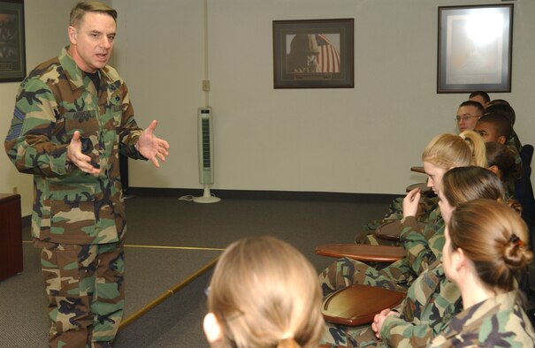 EIELSON AIR FORCE BASE, Alaska -- 11th Air Force Command Chief Master Sgt. David Andrews meets with Airman of the Airman Leadership School on Dec 19. While visiting Eielson, Chief Andrews met with the students to discuss the importance of the chain of command and how invaluable your time is in the Air Force as an Airman. 
(U.S. Air Force photo by Airman Christopher Griffin.)