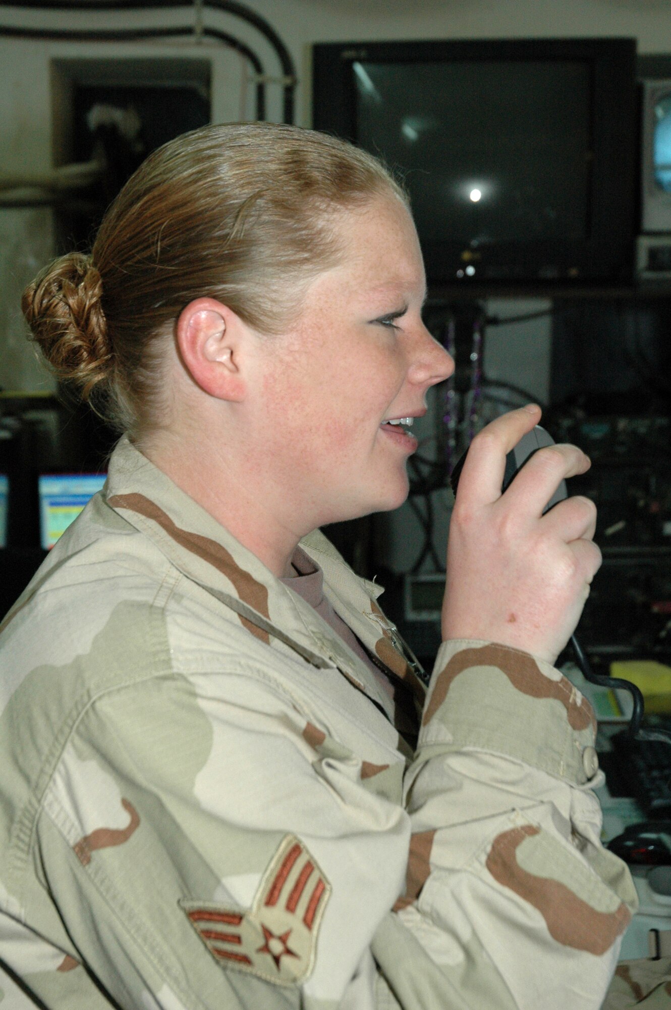 Senior Airman Lindsey Dawson is a command post controller for the 506th Air Expeditionary Group at Kirkuk Air Base, Iraq. (U.S. Air Force photo/Tech. Sgt. Gene Lappe)