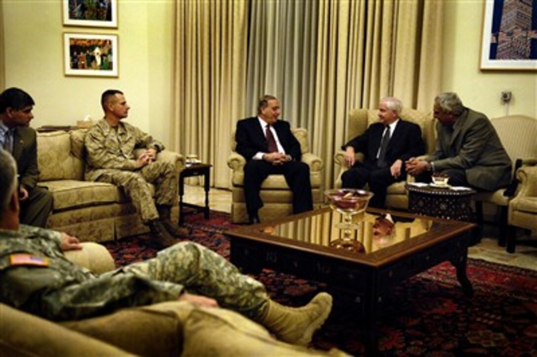 Secretary of Defense Robert M. Gates (2nd from right) meets with Iraqi Minister of Defense Abdul Qadir (3rd from right) during a visit to Baghdad, Iraq, on Dec. 20, 2006.  Gates, along with Chairman of the Joint Chiefs of Staff Gen. Peter Pace (2nd from left), U.S. Marine Corps, is in Iraq to meet with Iraqi leaders, Army Gen. John Abizaid, commander of U.S. Central Command and Army Gen. George Casey, commander Multinational Forces-Iraq, to discuss the way ahead in Iraq.  