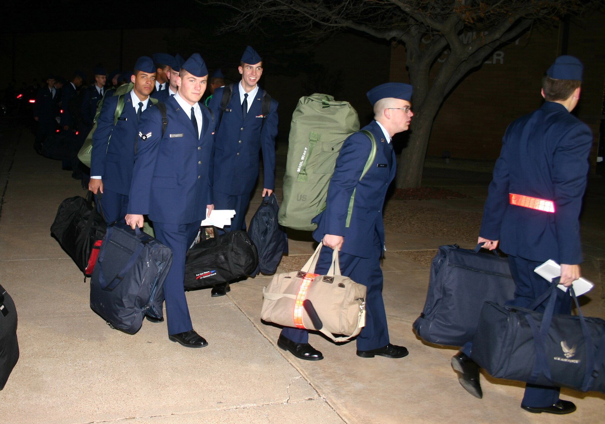 Sheppard Airmen-in-training snake their way to the community center at midnight Dec. 22 to begin the Holiday Exodus. Hundreds of Airmen processed through the community center before heading home for the holidays. (U.S. Air Force photo/Mike McKito)