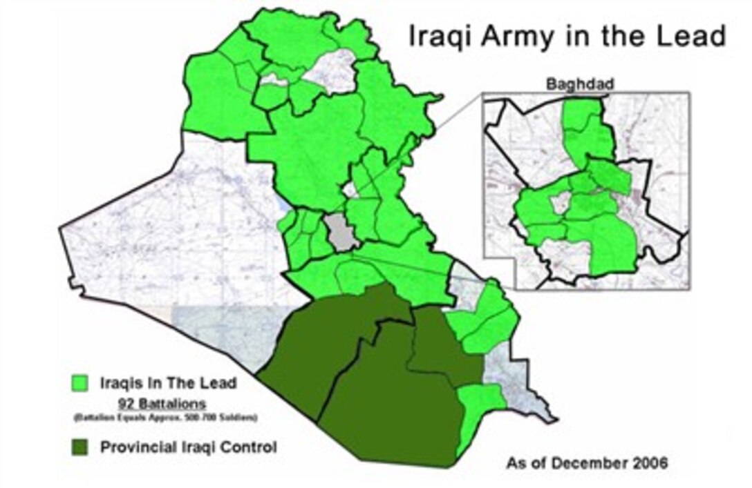 On Dec. 20, responsibility for maintaining the security of An Najaf Province in southern Iraq was officially transferred to Iraqi authorities. It is the third (of 18) Iraqi provinces where security control is now principally in the hands of Iraqis, with Coalition forces standing ready to provide assistance.