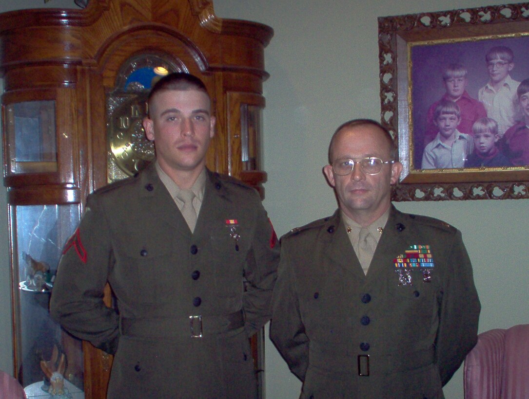 From left to right, Pfc. Jeffrey A. Lawrence, now a corporal, and his father, Maj. Roy E. Lawrence, now a lieutenant colonel, pose for a picture at Roy’s parent’s home in Woodburn, Ky., after Jeffrey’s graduation from boot camp in 2007. Both Marines are currently serving their duties aboard MCAS Cherry Point.