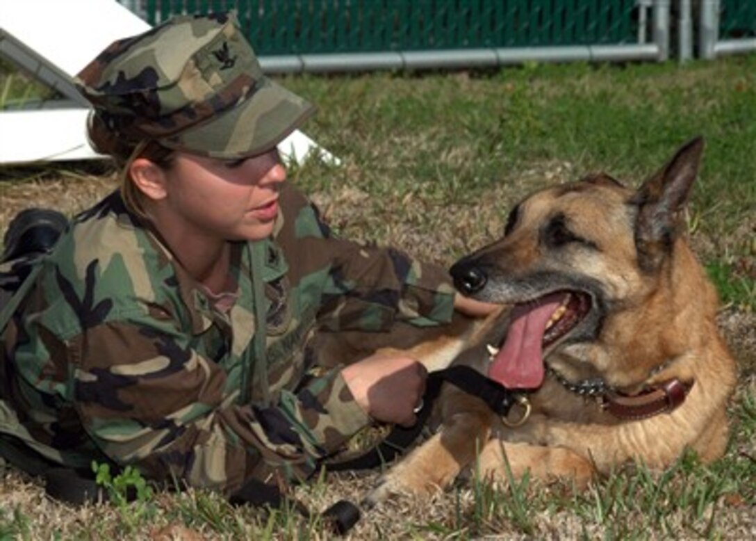U.S. Navy Petty Officer 3rd Class Leslie Orand gives positive reinforcement to Amber, an explosive detector dog, after completing her obstacle training course in Mayport, Fla., Dec. 19, 2006. Orand and Amber are assigned to the Security Military Working Dog Unit aboard Naval Station Mayport. 
