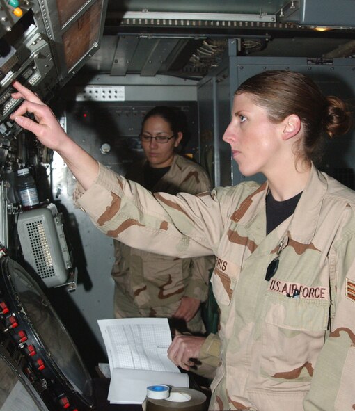 Senior Airman Stacey Morris performs a daily preventative maintenance inspection Dec. 19 on one of the ground radar systems at Balad Air Base, Iraq. Airman Morris, a 727th Expeditionary Air Control Squadron radar maintenance technician, is deployed from Mountain Home Air Force Base, Idaho. (U.S. Air Force photo/Staff Sgt. Alice Moore) 