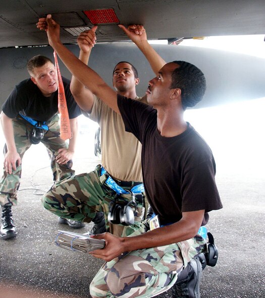 EGLIN AIR FORCE BASE, Fla. -- (Left to right) Senior Airman Kenneth Gore Airman 1st Class Anthony Navratil and Staff Sgt. Keith Bowie, 58th Aircraft Maintenance Unit weapons load crew members, inspect flare modules for defects on an F-15C Eagle on the 33d Fighter Wing ramp Oct. 3. (U.S. Air Force photo/ Staff Sgt. Phillip O. Butterfield)