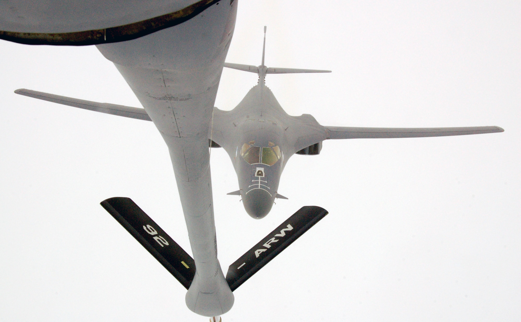 A B-1B Lancer approaches the boom of a KC-135 Stratotanker Christmas Day for refueling. The bomber received 39,000 pounds of fuel to continue its mission over the Afghanistan area of responsibility. The KC-135 is assigned to the 22nd Expeditionary Air Refueling Squadron at Manas Air Base, Kyrgyzstan. (U.S. Air Force photo/Master Sgt. Mitch Gettle)