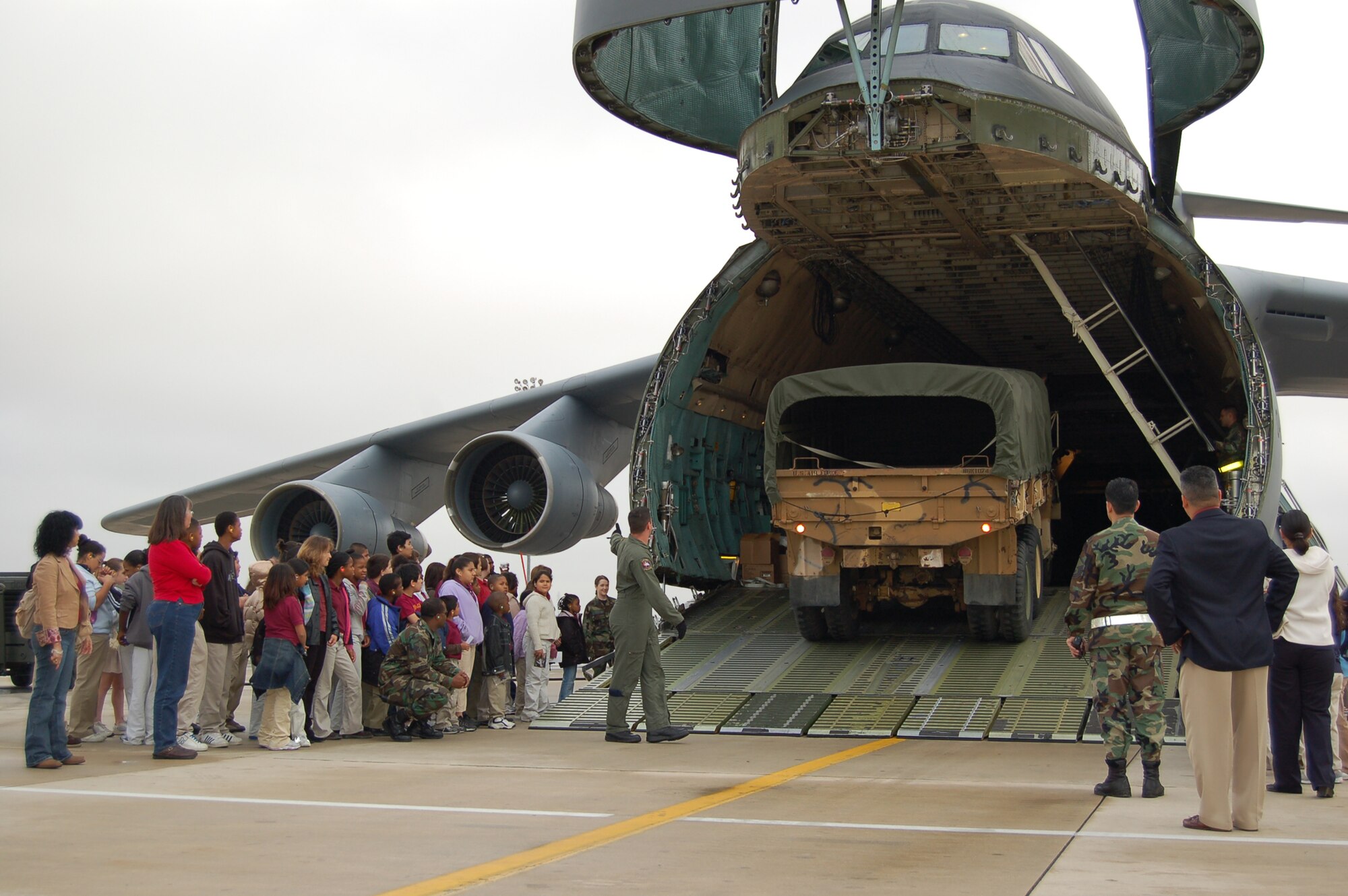 Students saw what it takes to safely load a vehicle headed into Iraq one of the 433rd Airlift Wing's C-5 Galaxy Aircraft. They learned how math plays a real role in the everyday job of an Air Force Reserve loadmaster.
