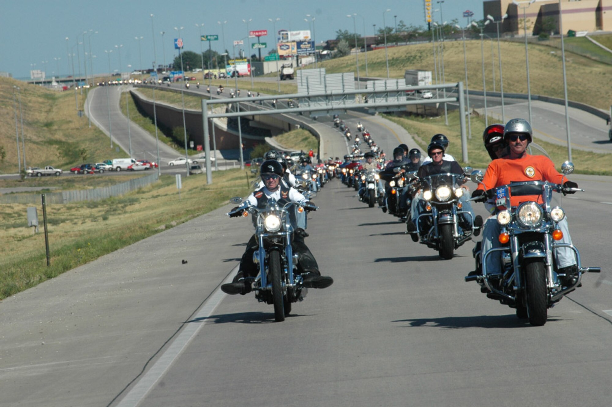 Col Jeffry Smith, 28th Bomb Wing Commander (left) and Senior Master Sgt. Darron Williams, 28th OSS, lead the pack during the annual Dakota Thunder Motorcycle club’s trip to Sturgis. The ride was in conjunction with Sturgis Military Appreciation Day and featured nearly 200 motorcycle enthusiasts joining in. The pack of riders rode non-stop from just outside Ellsworth’s main gate to Sturgis and then took part in a ceremony where a military veteran was honored.