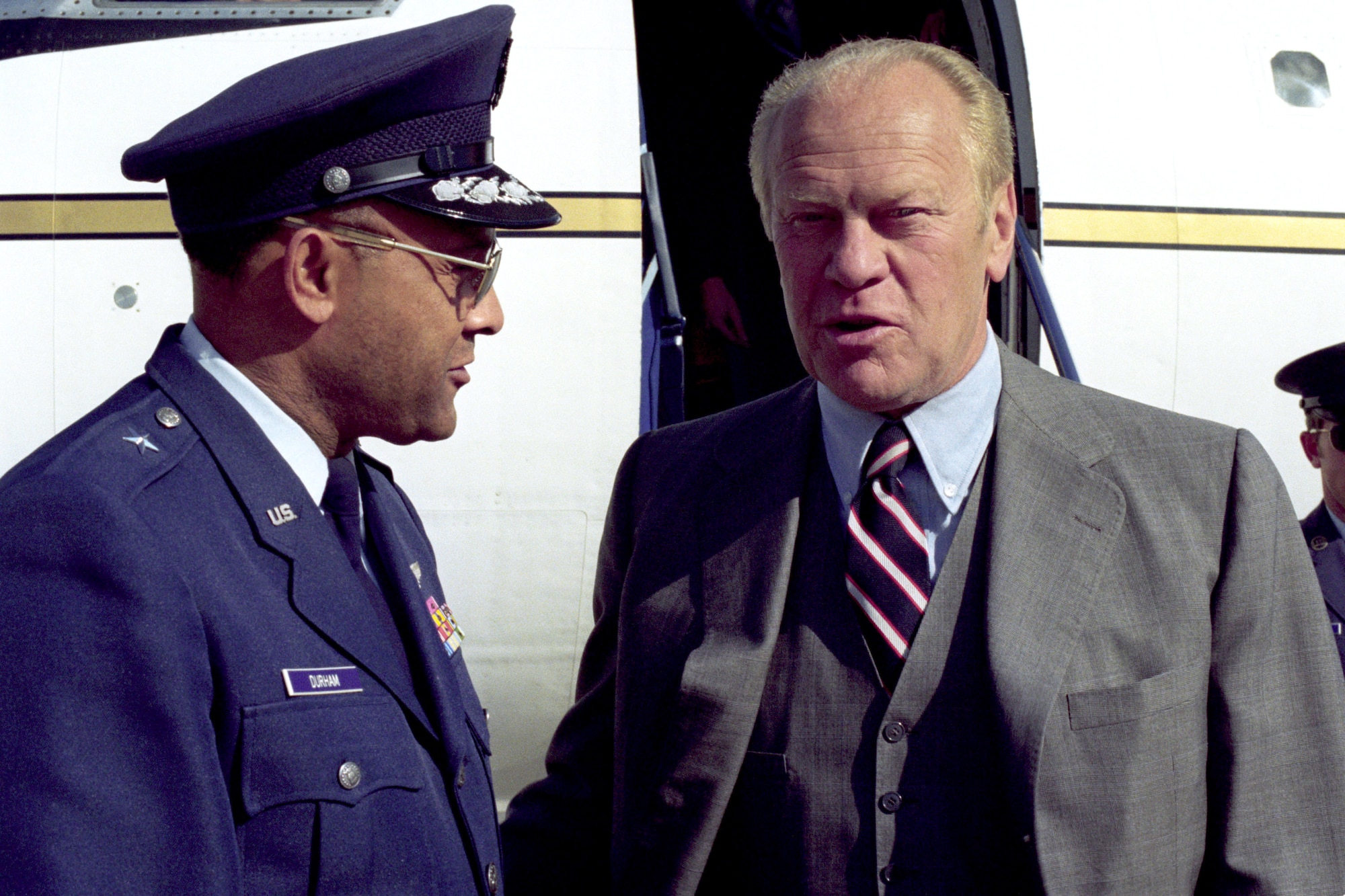 Brig. Gen. Archer L. Durham greets former President Gerald Ford as he arrives for a visit at Andrews Air Force Base, Md., in 1981. President Ford passed away in his California home Dec. 26 at age 93. General Durham was commander of the 76th Military Airlift Division at Andrews AFB. (U.S. Air Force photo)