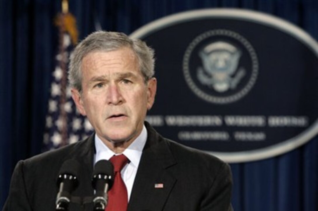 President George W. Bush delivers a statement on the passing of former President Gerald R. Ford from Crawford, Texas, Dec. 27, 2006. "As a congressman from Michigan, and then as Vice President, he commanded the respect and earned the good will of all who had the privilege of knowing him," Bush said.