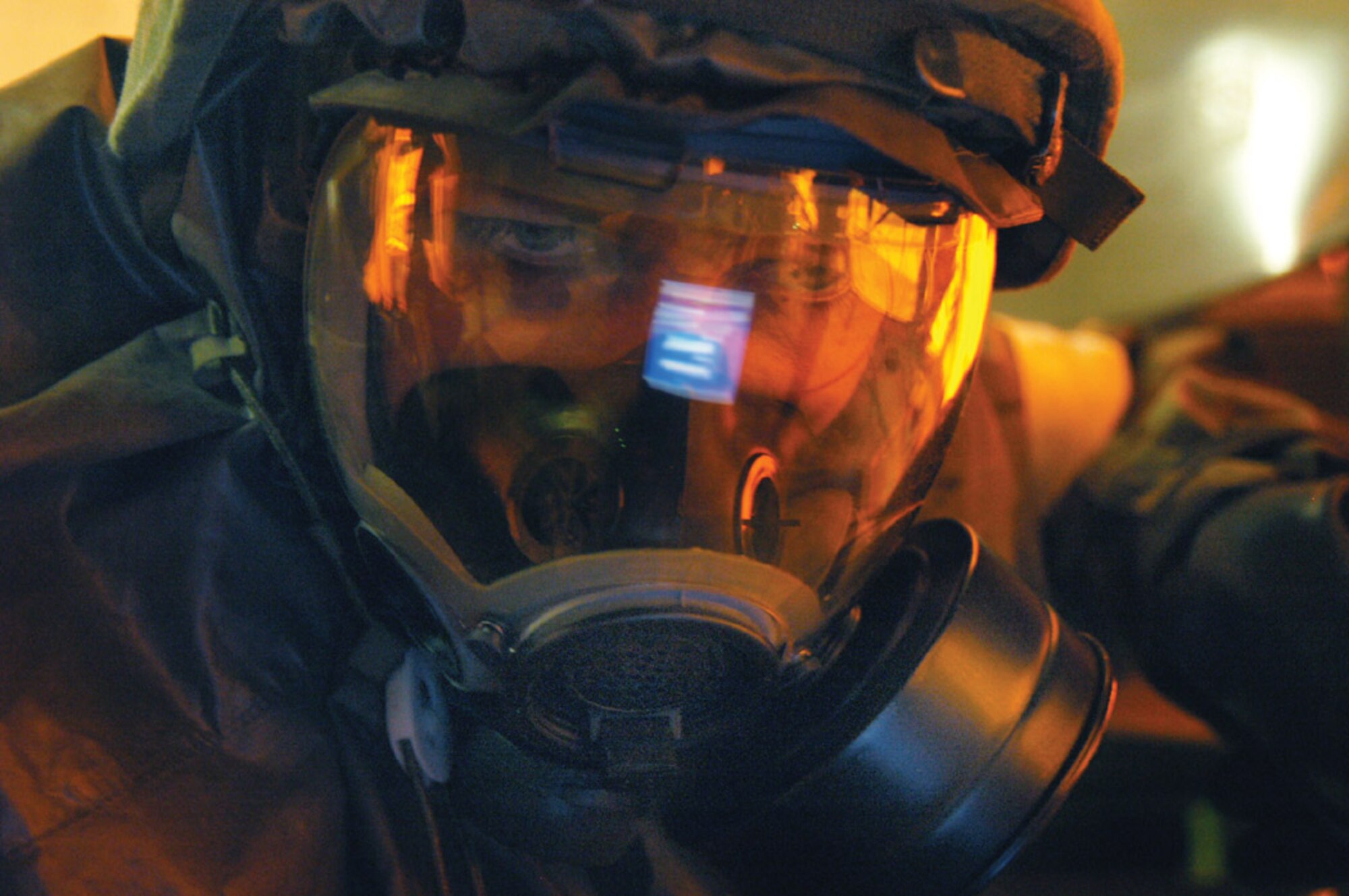 Senior Airman Joy Bolgar, a Medical Systems Technician from the 55th Medical Support Squadron, checks her computer display for updates following a simulated attack on the exercise play area. Airman Bolgar and more than 350 other Airmen were participating in phase two of an Operational Readiness Exercise last week.