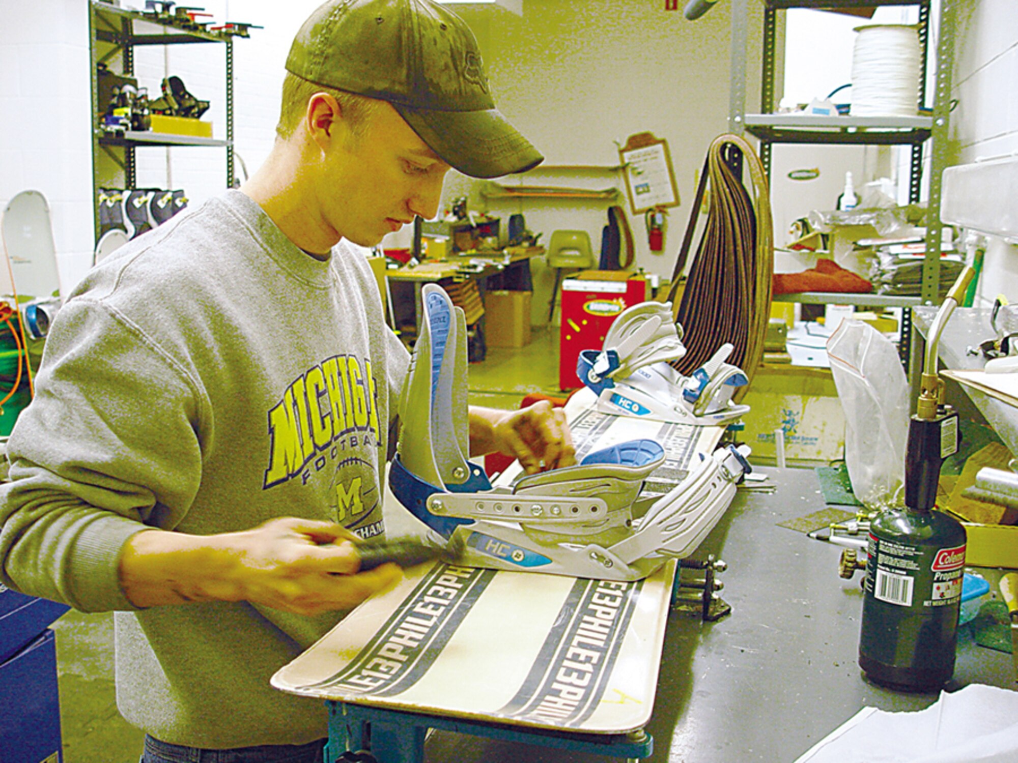 Mr. Shane Thomas, 28th Services Squadron Outdoor Recreation equipment maintenance worker, tunes up snowboard bindings for the upcoming ski weekend. Outdoor recreation offers a variety of equipment rental items such as snowboards, skis, boats, camping equipment and other outdoor activity items. Snowboards or skis may be rented for one day, a weekend or a week at a time. Outdoor recreation has trips planned throughout the winter to Terry Peak, Deer Mountain and other midwestern ski resorts. For more information on outdoor recreation’s upcoming trips and events, view the calendar insert in this edition of the Black Hills Bandit. 