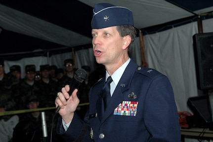 Brig. Gen. Darrell Jones, then the 37th Training Wing commander, addresses the trainees at the Basic Military Training Christmas Eve Extravaganza held Dec. 24, 2006, at Lackland AFB.  (USAF photo by Staff Sgt. Tim Russer)
