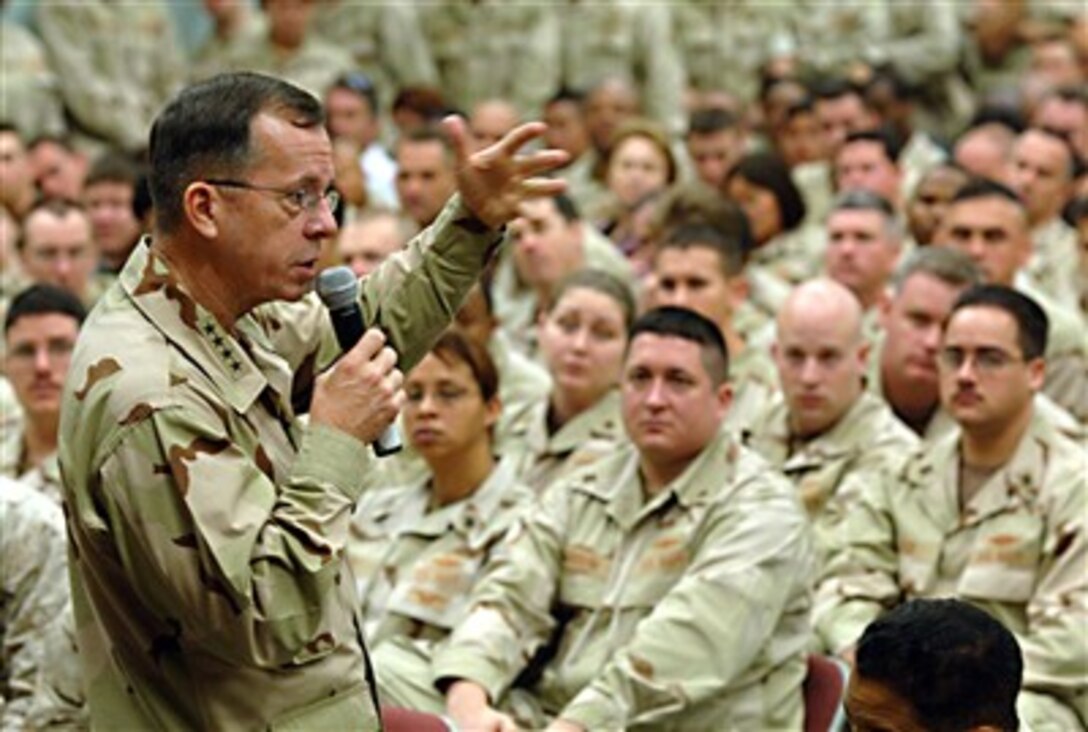 Chief of Naval Operations Adm. Mike Mullen addresses sailors and Marines during a holiday tour of U.S. Naval Forces Central Command area of operations at Manama, Bahrain, Dec. 27, 2006.