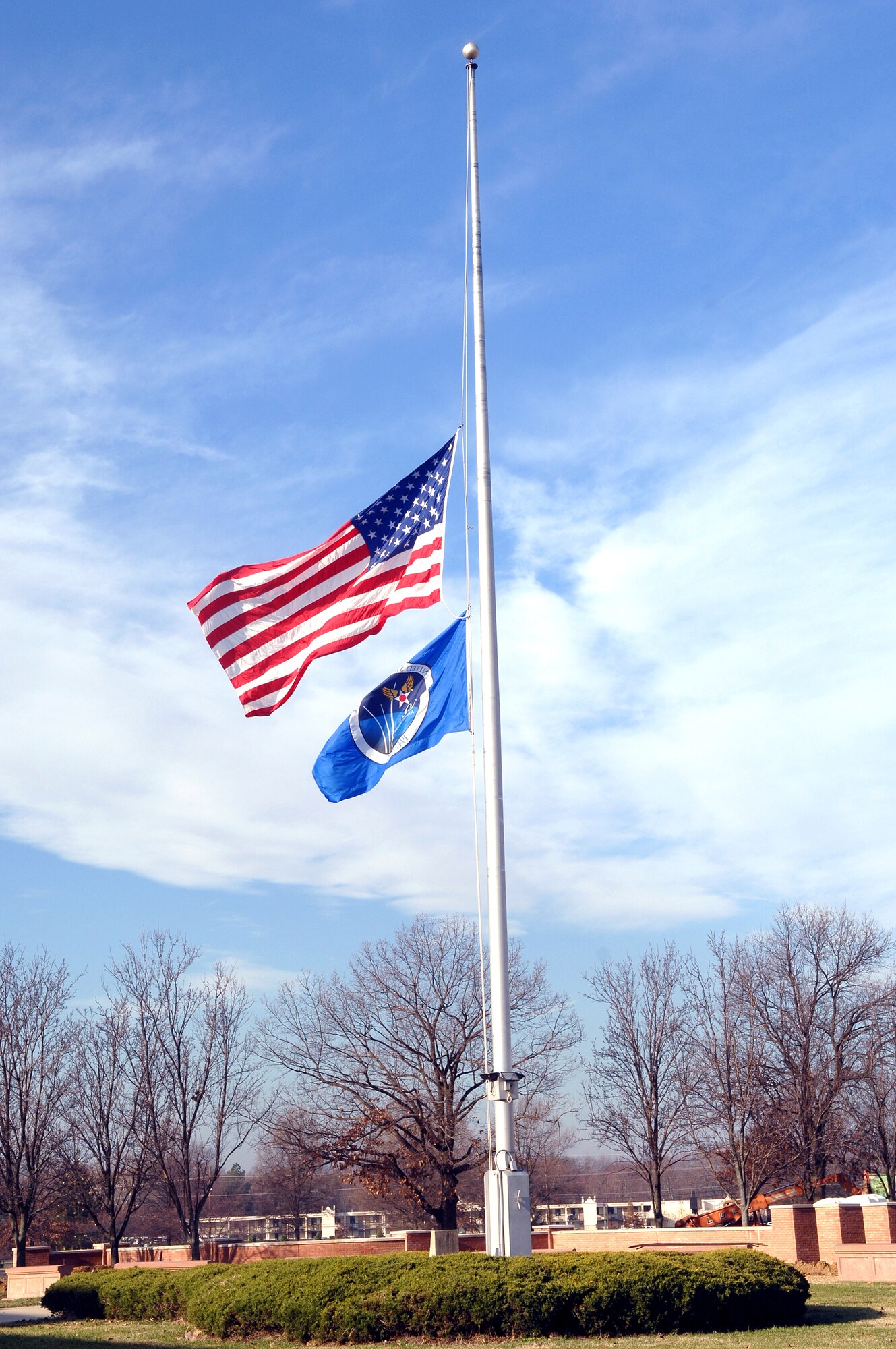 The American flag at Andrews Air Force Base, Md. flies at half staff Dec. 29 in honor of former President Gerald Ford who died Dec. 26 at age 93. President George W. Bush has declared Jan 2 a national day of mourning. (U.S. Air Force photo/Tech. Sgt. Christopher J. Matthews)