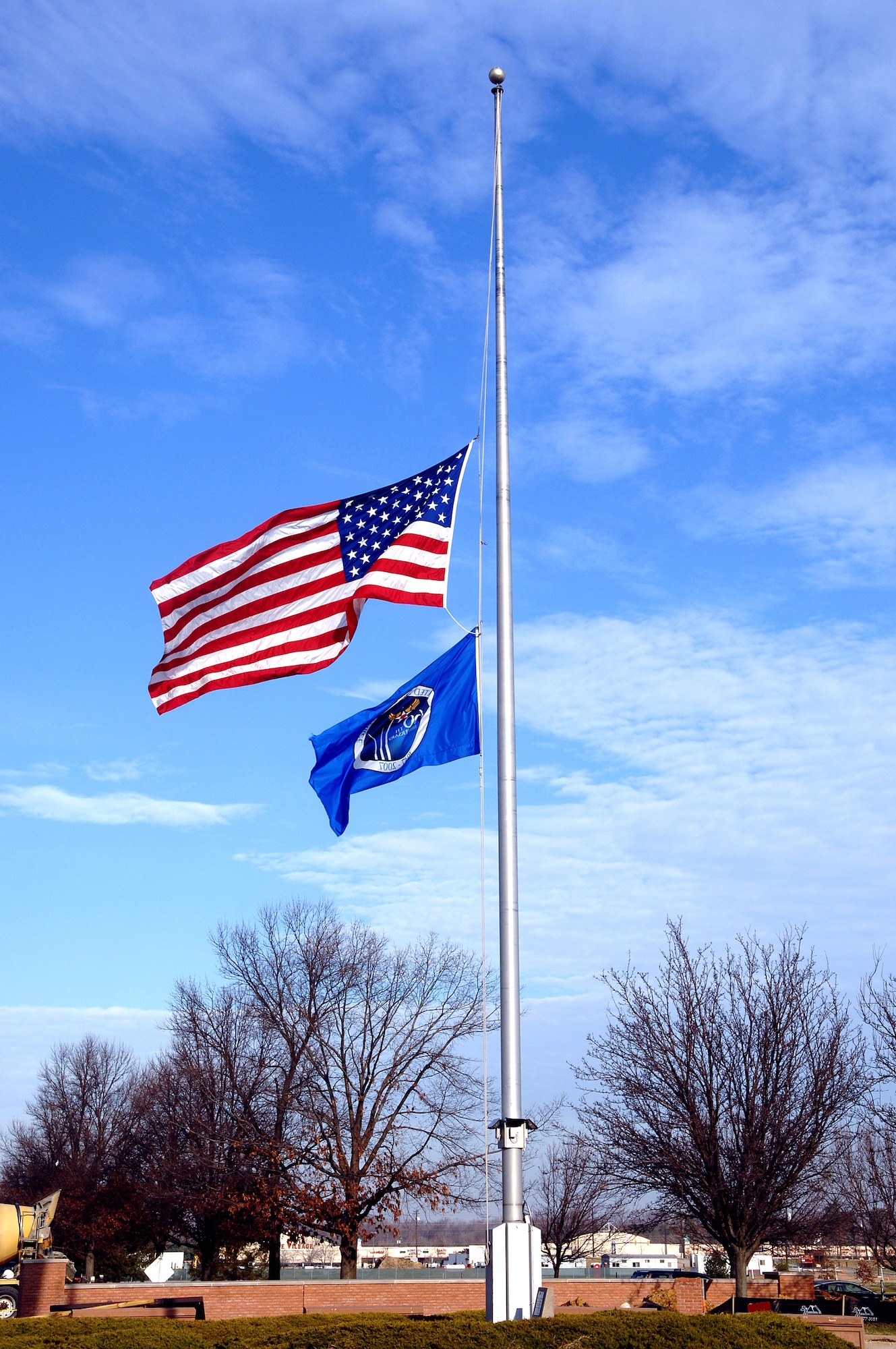 The American flag at Andrews Air Force Base, Md. flies at half staff Dec. 29 in honor of former President Gerald Ford who died Dec. 26 at age 93. President George W. Bush has declared Jan 2 a national day of mourning. (U.S. Air Force photo/Tech. Sgt. Christopher J. Matthews)