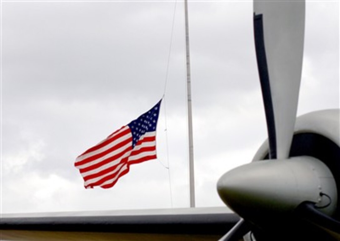 The U.S. flag flies at half staff on Lackland Air Force Base, Texas, Dec. 28, 2006 in honor of former President Gerald R. Ford who died Dec. 26.