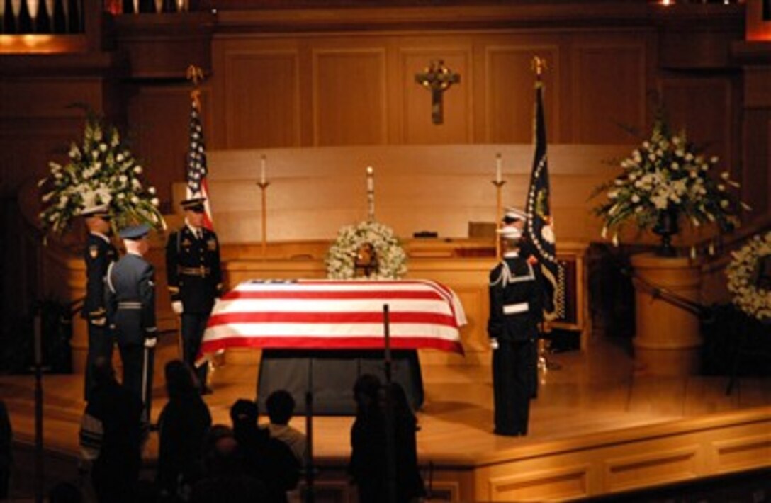 A Guard of Honor stands watch as former President Gerald R. Ford lies in repose at St. Margaret's Episcopal Church in Palm Desert, Calif., Dec. 29, 2006. Defense Dept. personnel are helping to honor Ford, the 38th president of the United States, who passed away on Dec. 26th.