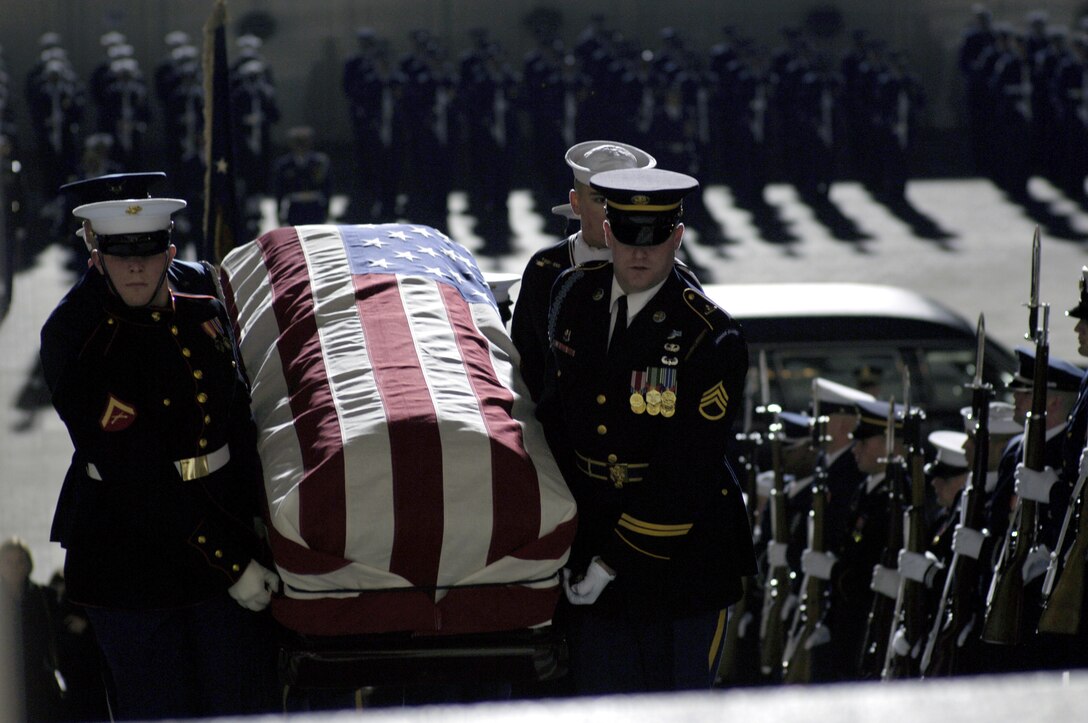 The casket containing the body of former President Gerald R. Ford is carried up the East Steps to the House of Representatives at the U.S. Capitol in Washington, D.C., Dec. 30, 2006. 