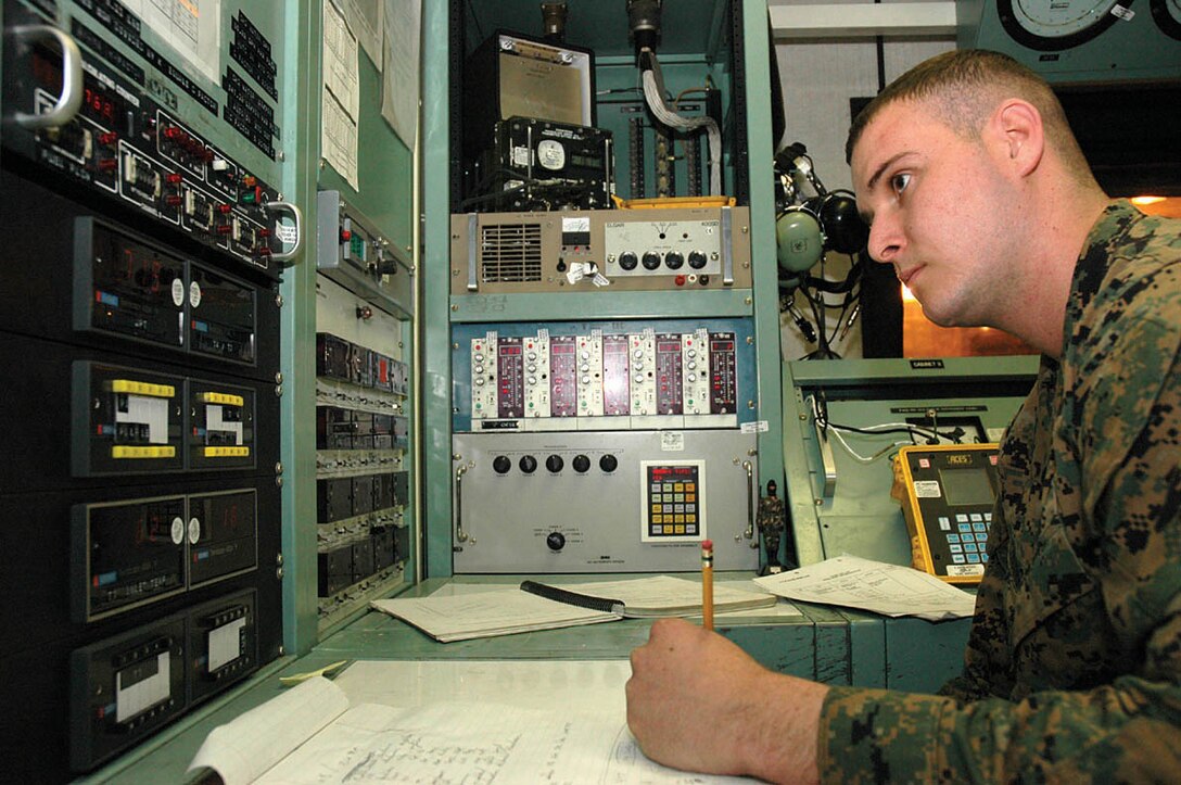 Cpl. Matthew R. Cunningham, Marine Aviation Logistics Squadron 13 test cell operator and native of West Palm Beach, Fla., records readouts during an AV-8B Harrier II engine test Feb. 1 at the T-10 Test Cell, Building 310 here. Previously trained as power plant mechanics, all of the test cell operators have knowledge of the engine that enables them to perform minor, on-the-spot repairs during the test process. In addition to supporting all of the Harrier squadrons on station, MALS-13 also supports squadrons at all of the other Marine Corps installations and units on deployment because of their expertise and experience with the Harrier.