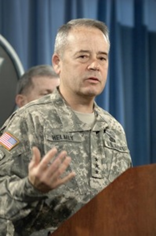 Chief of the Army Reserve Lt. Gen. James Helmly responds to a reporter's question on the subject of the Army's new reorganization plans during a Pentagon press briefing in Arlington, Va., on Feb. 2, 2006. Helmly joined Army Chief of Staff Gen. Peter Schoomaker and Army National Guard Director Lt. Gen. Clyde Vaughn in briefing reporters on details of the program. 