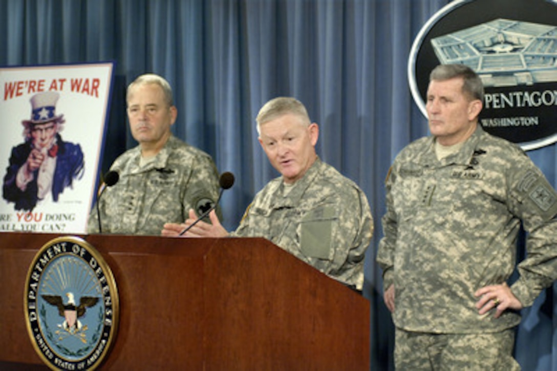 Army National Guard Director Lt. Gen. Clyde Vaughn (center) briefs reporters on plans to fully fund the Army National Guard to provide its units with the same manpower, equipment, and training as regular Army units during a Pentagon press briefing in Arlington, Va., on Feb. 2, 2006. The program recognizes the importance of the National Guard and Reserve components in fighting the Global War on Terrorism and seeks to give them equal status with regular Army units in terms of equipment and capability. Vaughn joined Army Chief of Staff Gen. Peter Schoomaker (right) and Chief of the Army Reserve Lt. Gen. James Helmly (left) in explaining the new program. 