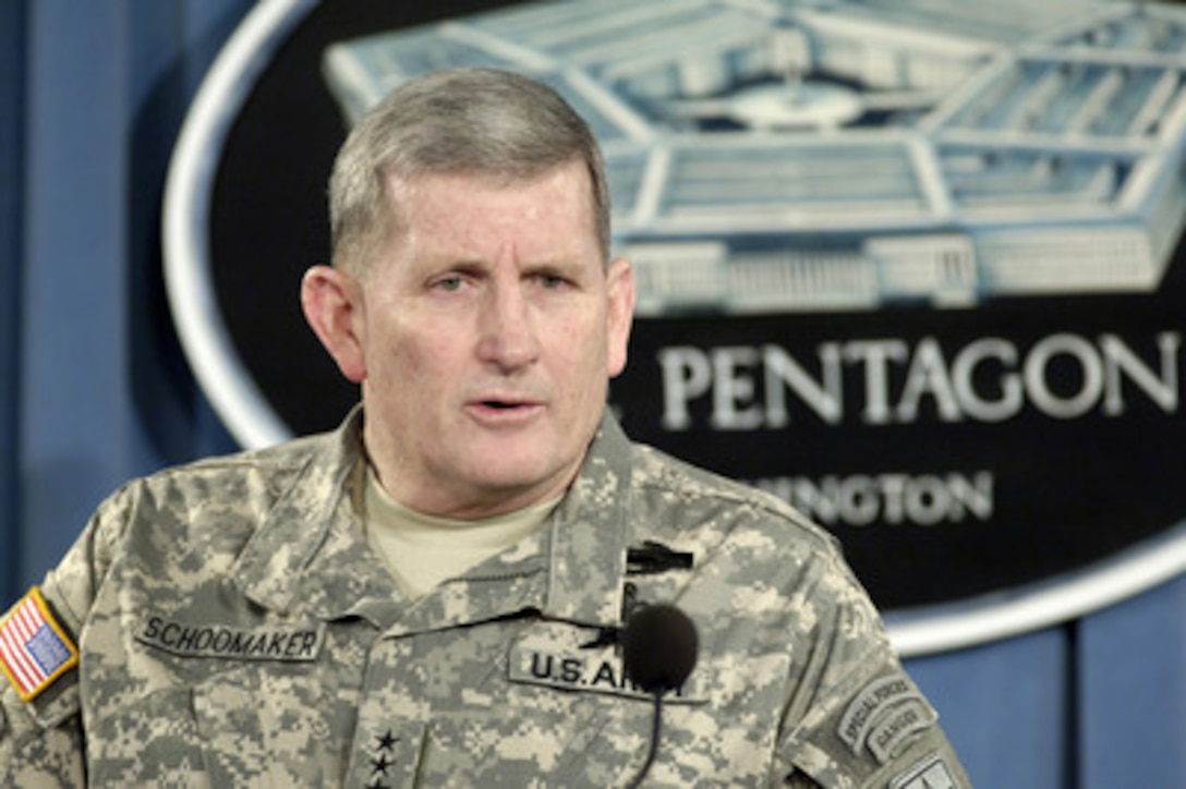 Army Chief of Staff Gen. Peter Schoomaker briefs reporters on the Army reorganization initiative during a Pentagon press briefing in Arlington, Va., on Feb. 2, 2006. Fully funding the National Guard and Reserve components to bring them up to the standards of the Regular Army, in terms of personnel, equipment and training is one of the key provisions. Schoomaker was joined at the briefing by the Director of the Army National Guard Lt. Gen. Clyde Vaughn and the Chief of the Army Reserve Lt. Gen. James Helmly. 