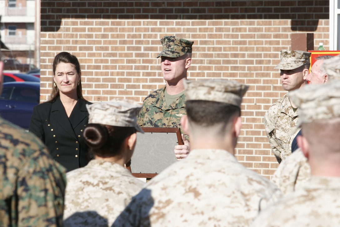 MARINE CORPS BASE CAMP LEJEUNE, N.C.--Master Gunnery Sgt. Charles T. Hartman, company first sergeant, Company C, 2nd Radio Battalion, II Marine Expeditionary Force, adresses his Marines after being pinned to his present rank Feb. 1.  Hartman has spent 21 years in the Marine Corps and has been with 2nd Radio Bn. since 2000.  His wife, Lisa, also attended the ceremony.