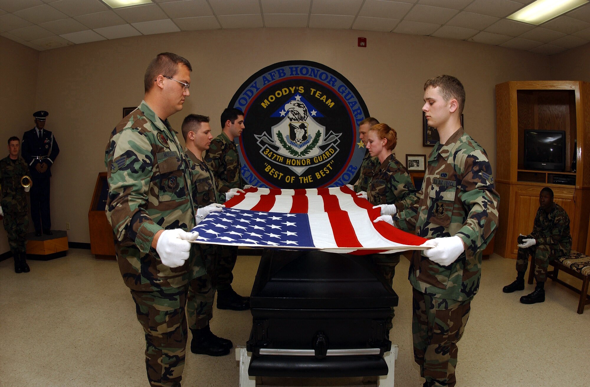 MOODY AIR FORCE BASE, Ga. - The Knights of Honor, the honor guard team here, practices the precise movements required to fold a flag during a funeral ceremony. When these Airmen are not performing at a ceremony, they are training. This type of intense training is how they achieve their motto of the best of the best.
(USAF Photo by SrA Angelita Collins)
                         