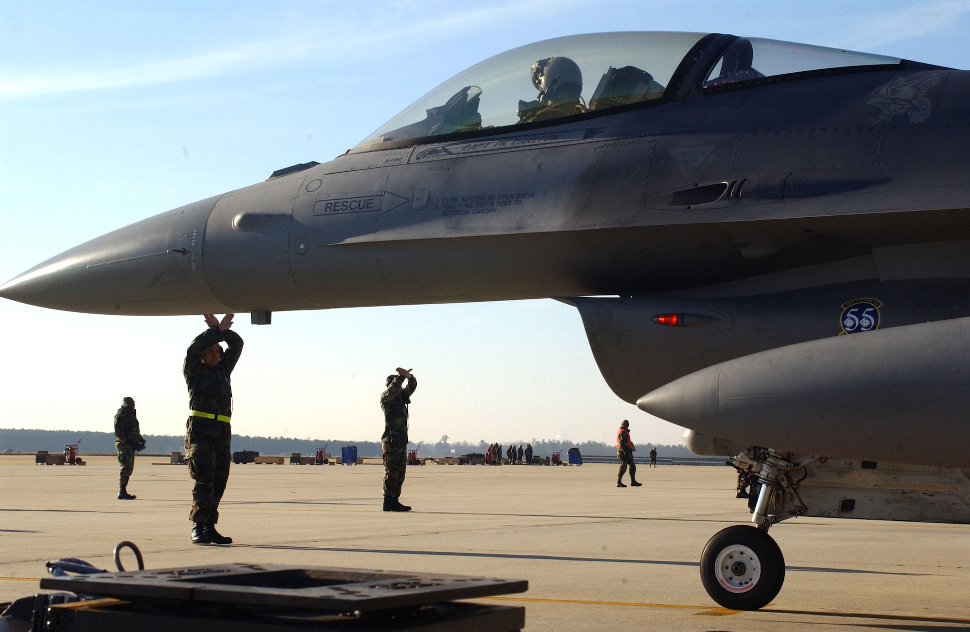 SHAW AIR FORCE BASE, S.C (AFPN) -- F-16 Fighting Falcons are parked on the ramp after completing their sorties during phase one of Sea Lion 06-07 exercise here Feb. 1.  The F-16s are with the 55th Fighter Squadron. (U.S. Air Force photo by Staff Sgt. Nathan Bevier) 

