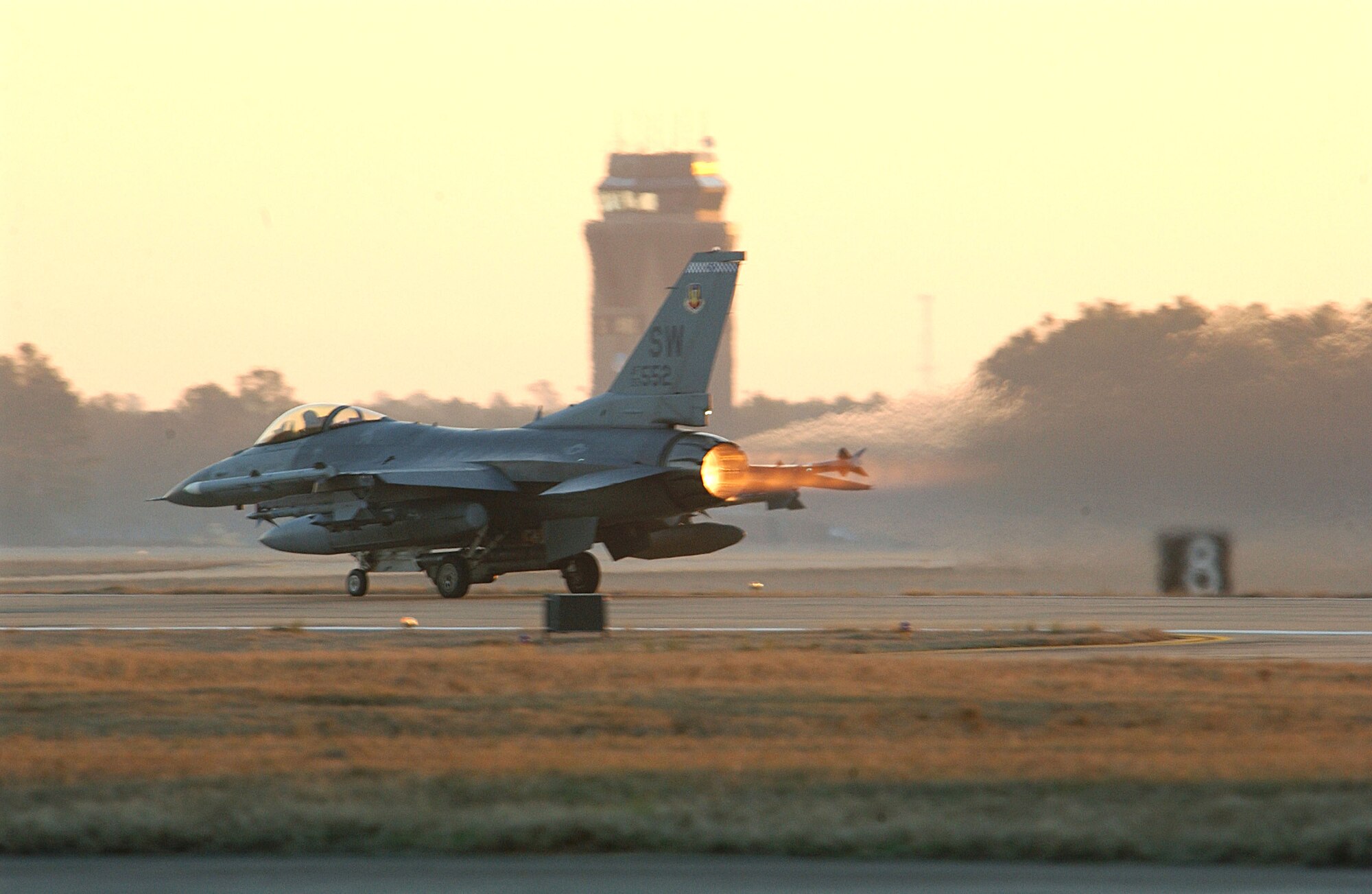 SHAW AIR FORCE BASE, S.C (AFPN) -- An F-16 Fighting Falcon launches during phase one of the Sea Lion 06-07 exercise here Feb. 1.  The F-16 is with the 55th Fighter Squadron. (U.S. Air Force photo by Staff Sgt. Nathan Bevier)

