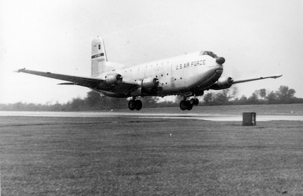 The 442nd Airlift Wing received the Air Force Reserve's first C-124 Globemaster cargo planes in April 1961. The wing flew these aircraft until 1971 when the wing transitioned to C-130 Hercules aircraft. Here, a C-124 lands at Richards-Gebaur Air Force Base in Kansas City.
