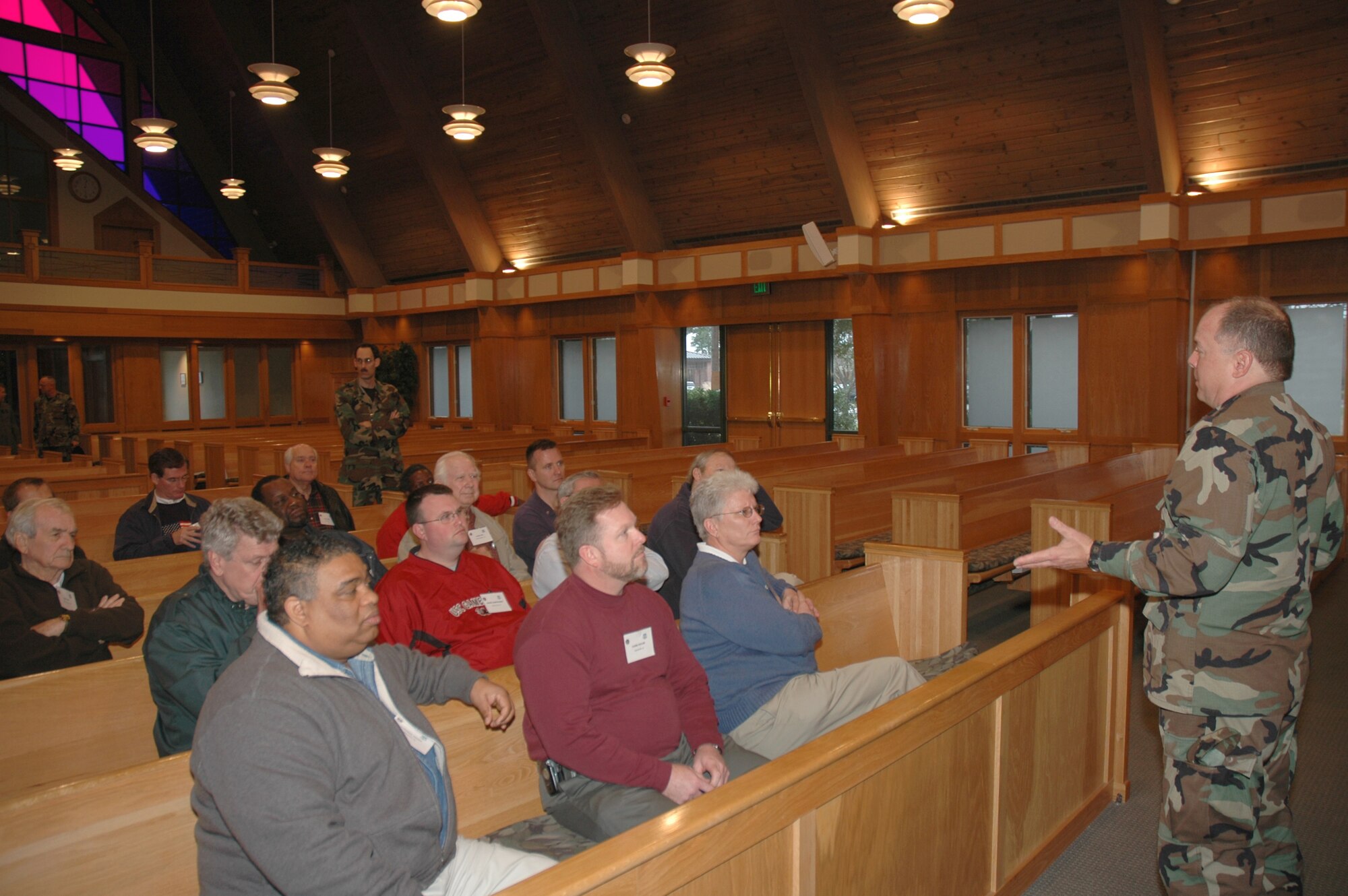 Chaplain (Lt. Col.) Carl Yost, 315th Airlift Wing chaplain talks to a group of South Carolina pastors during the 315th Airlift Wing's clergy day. (Photo by 1st Lt. Wayne Capps, USAFR)