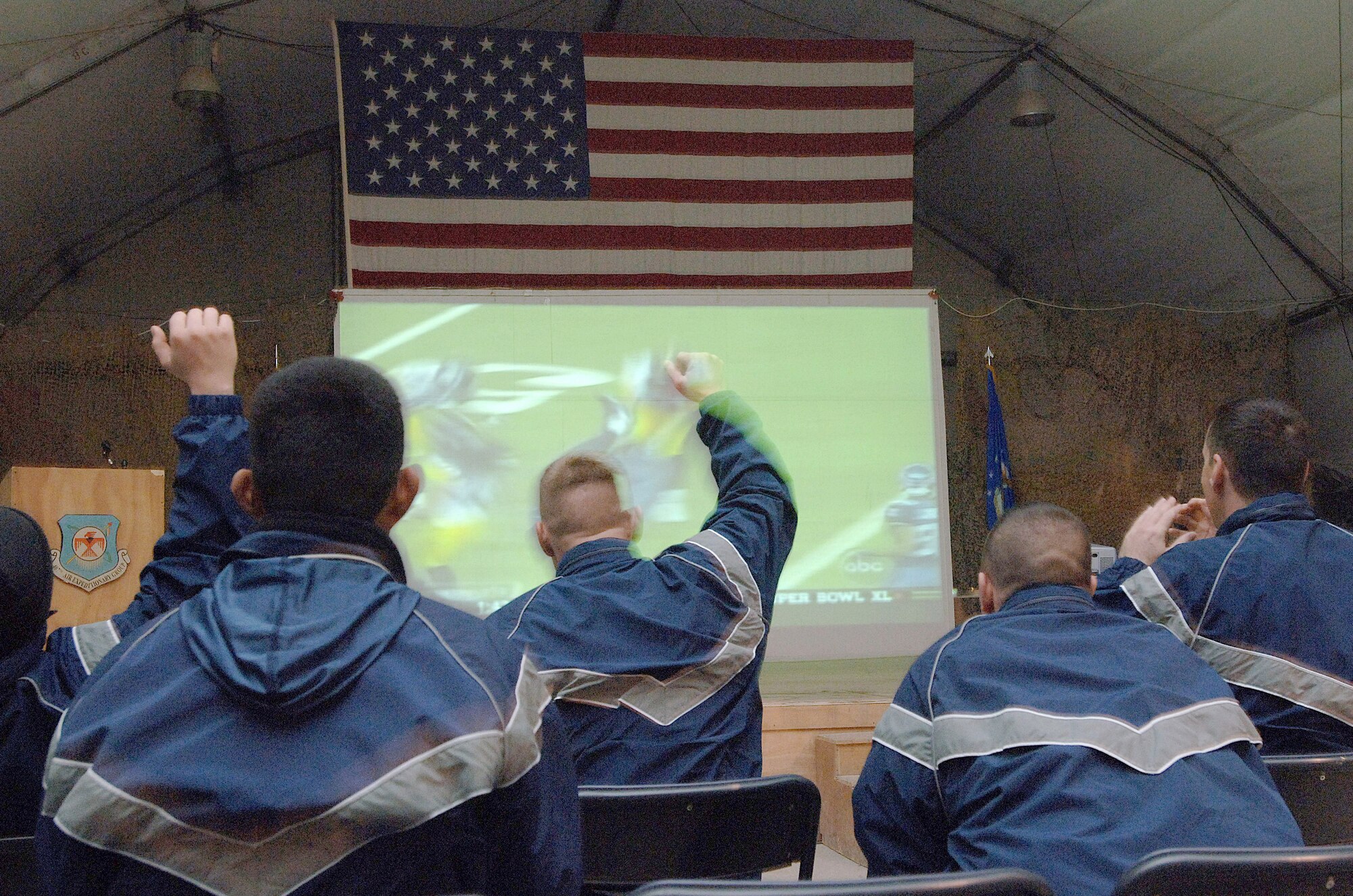 ALI BASE, Iraq (AFPN) -- Airmen deployed in support of Operation Iraqi Freedom watch Super Bowl XL, which aired at about 1:30 a.m. Monday here. The Airmen are with the 407th Air Expeditionary Group. (U.S. Air Force photo by Staff Sgt. Valerie Smith) 