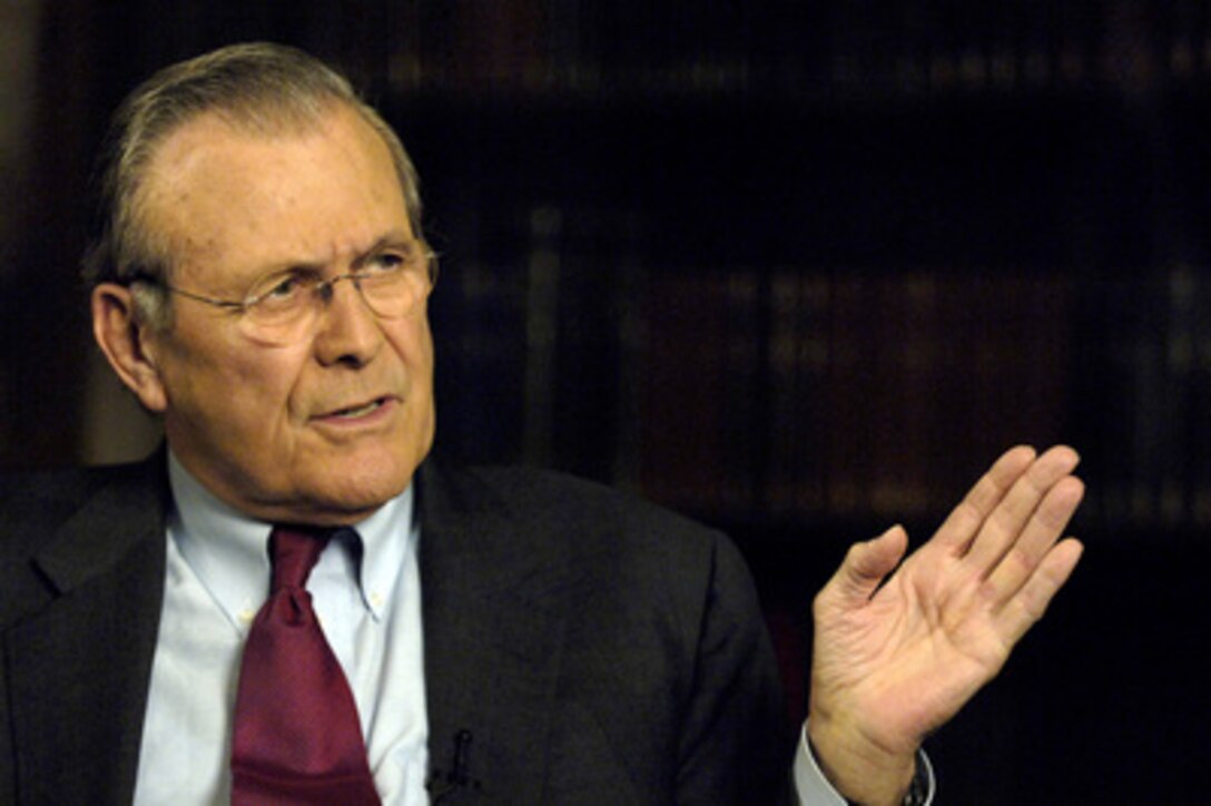 Secretary of Defense Donald H. Rumsfeld responds to a reporter's question during a television interview in Munich, Germany, on Feb. 3, 2006. Rumsfeld is in Munich to attend the 42nd Munich Conference on Security Policy. Over 40 foreign and defense ministers from around the world are attending the three-day conference to discuss global security issues. 