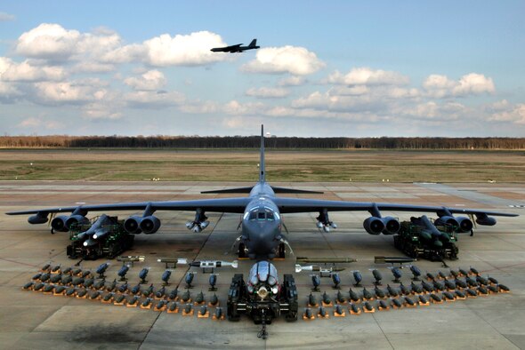 BARKSDALE AIR FORCE BASE, La. (AFPN) -- Munitions on display show the full capabilities of the B-52 Stratofortress. (U.S. Air Force photo by Tech. Sgt. Robert J. Horstman)