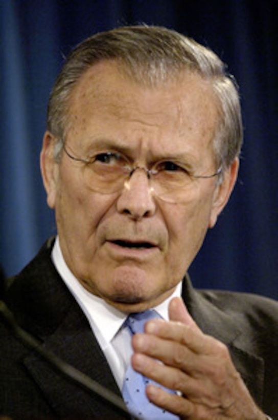 Secretary of Defense Donald H. Rumsfeld speaks to reporters during a press briefing on the Defense Department budget for fiscal year 2007 in the Pentagon on Feb. 6, 2006. Chairman of the Joint Chiefs of Staff Gen. Peter Pace, U.S. Marine Corps, joined Rumsfeld to present the major points of the budget to the press. 