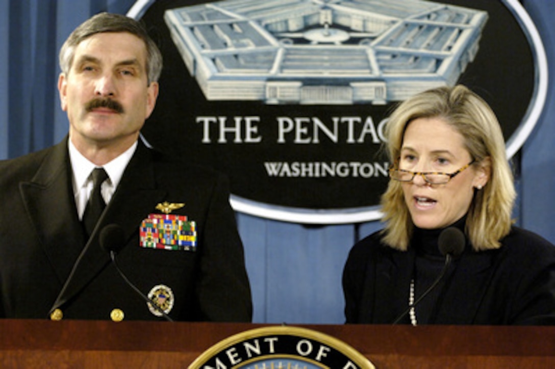 Under Secretary of Defense (Comptroller) Tina Jonas (right) talks to reporters during a press briefing on the Defense Department budget for fiscal year 2007 in the Pentagon on Feb. 6, 2006. Joint Staff Director of Force Structure, Resources and Assessment Vice Adm. Evan M. Chanik, U.S. Navy, joined Jonas in briefing the finer points of the DoD budget to the reporters. 