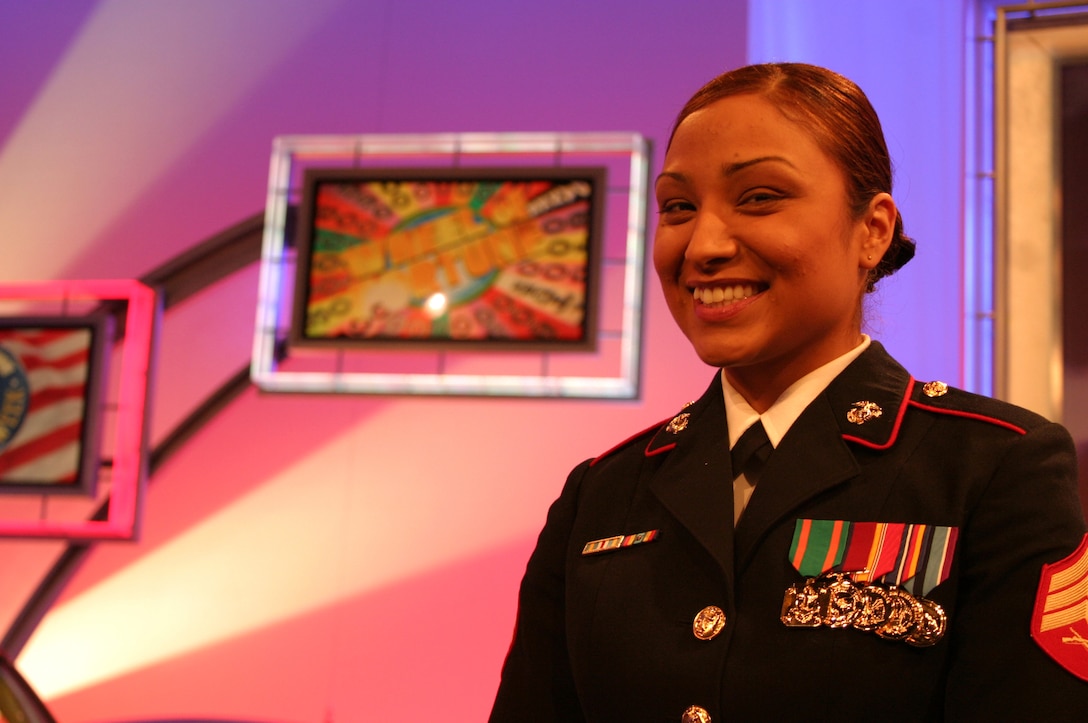 Sgt. Diana I. Aragon, intelligence analyst with Combat and Logistics Regiment 1, 1st Marine Logistics Group, was among 15 servicemembers who appeared on a taping of "Wheel of Fortune" at Sony Entertainment Studios in Los Angeles Feb. 8. The popular game show hosted "Wheel Salutes the Armed Forces," which is scheduled to air the week of April 3.