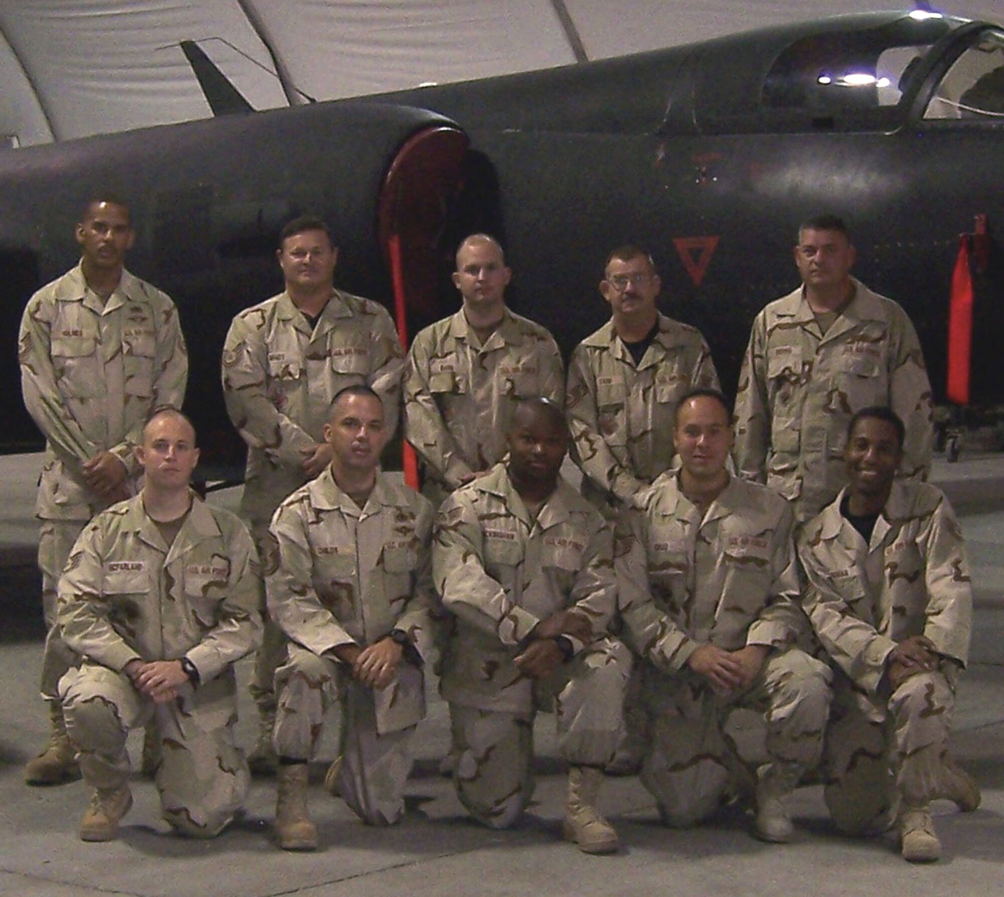 One group of aerial porters deployed to the AOR in support of OEF sent in this group shot. 
(Back row left to right) Staff Sgt. Joshua McFarland, Senior Master Sgt. James Childs, Senior Airman Mario Rockingham, Staff Sgt. Alexander Cruz, Tech. Sgt. Edward Thomas. Front row left to right) Tech. Sgt. Kenneth Holmes, Tech. Sgt. William Grady, Staff Sgt. Robert Barr, Tech. Sgt. James Case and Staff Sgt. Joseph Beiring. In addition to this team there are other APS teams currently deployed in the U.S. and overseas.