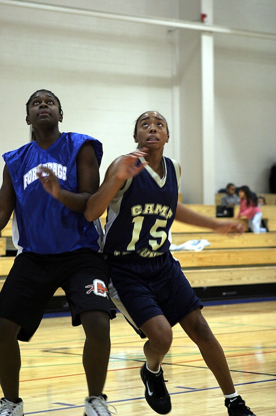 Marine Corps Base Camp Lejeune, N.C. (February 13, 2006)--Five-foot-ten power forward, Cpl. Sandra N. Jackson, battles for positioning underneath the rim for a rebound. The 23-year-old administrative clerk to the staff secretary, and Pontiac, Mich., native helped her team, Camp Lejeune Women's Varsity East, win both games against the Fort Bragg Women's team. (Official U. S. Marine Corps photo by Cpl. Ken Melton)