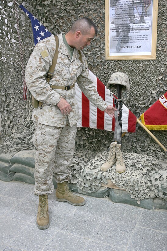 Brig. Gen. John E. Wissler, commanding general of the 2nd Marine Logistics Group, pays tribute to the fallen servicemembers of the 2nd MLG as he transfers authority of logistics operations in Iraq?s Al Anbar Province from the 2nd MLG to the Camp Pendleton, Calif.-based 1st MLG. The 2nd MLG is returning home to Camp Lejeune, N.C. after completing a 12-month tour in Iraq. The 4,000 joint-service members of the 1st MLG are part of the 25,000 Marines, sailors, soldiers and airmen of the 1st Marine Expeditionary Force?s forward deployed element. The 1st MLG?s mission is to provide sustained logistical support to I MEF and Iraqi Security Forces operating in the Al Anbar Province. First MLG will also support the development of Iraqi Security Forces? logistical capabilities in order to enable independent ISF-led counterinsurgency operations.