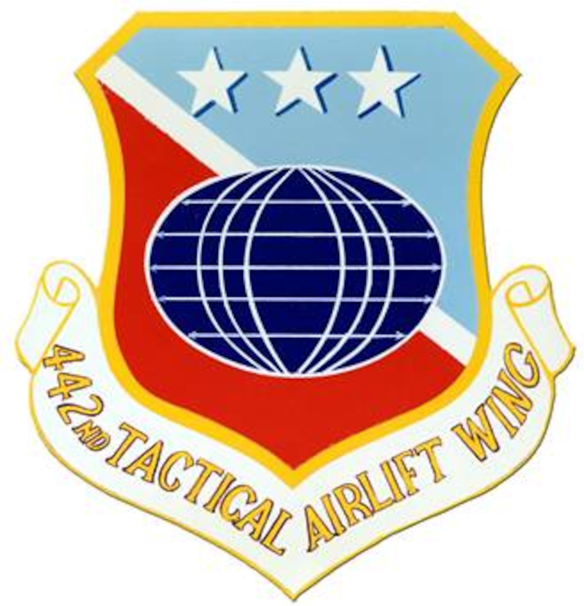 The wing shield of the 442nd Tactical Airlift Wing, which later became the 442nd Fighter Wing, an Air Force Reserve unit based at Whiteman Air Force Base, Mo.  The three stars represent the three tactical airlift squadrons in the wing at the time, along with a stylized globe.