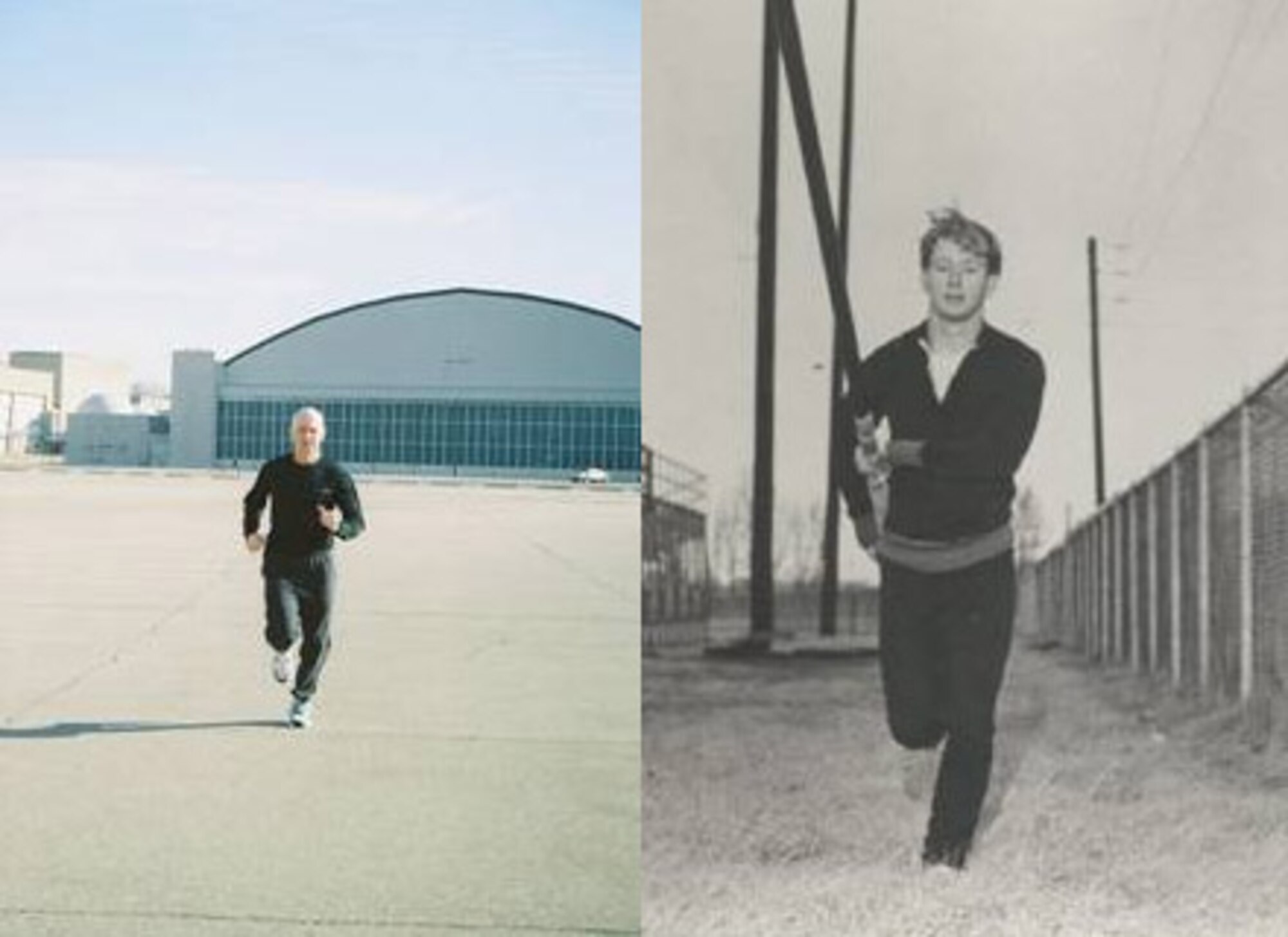 WRIGHT-PATTERSON AIR FORCE BASE, Ohio (AFMCNS)-Lt. Col. Gary Hopper (left), 88th Mission Support Group deputy commander, trains for his Air Force fitness test. Colonel Hopper recently scored a 100 percent on his test in the 25 and under category. The black and white photo is the colonel in 1971 when he competed for his high school track team. Colonel Hopper said his body hasn't changed much since then due to his conditioning. (Courtesy photos) 