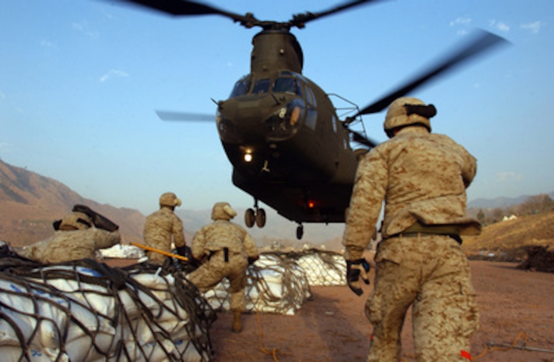 U.S. Marines from Task Force Eagle hook up sling loads of humanitarian relief supplies to a U.S. Army CH-47 Chinook helicopter at Muzaffarabad, Pakistan, on Feb. 7, 2006. The helicopter will transport the supplies to regions that are inaccessible by truck. The Department of Defense is providing disaster relief supplies and services following the massive earthquake that struck Pakistan and parts of India and Afghanistan on Oct. 8, 2005. 